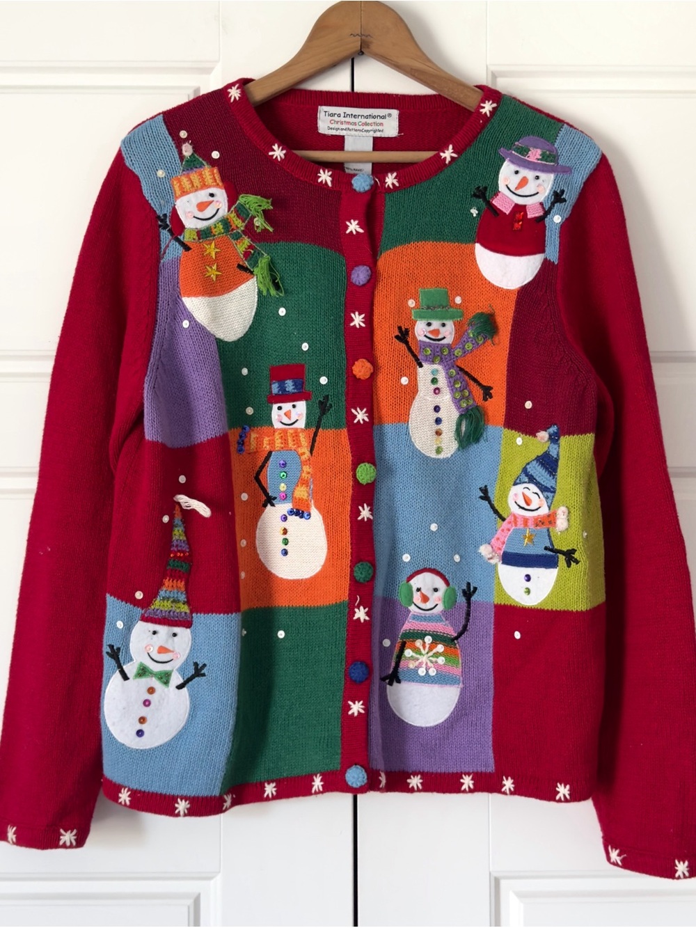 Vintage Christmas Cardigan Sweater M Red Snowmen Beads Sequins Holiday Festive